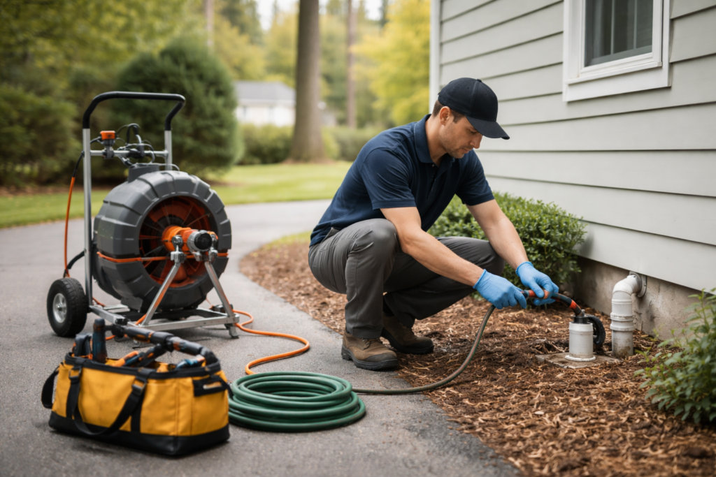 Drain technician clearing an outdoor drain beside a house